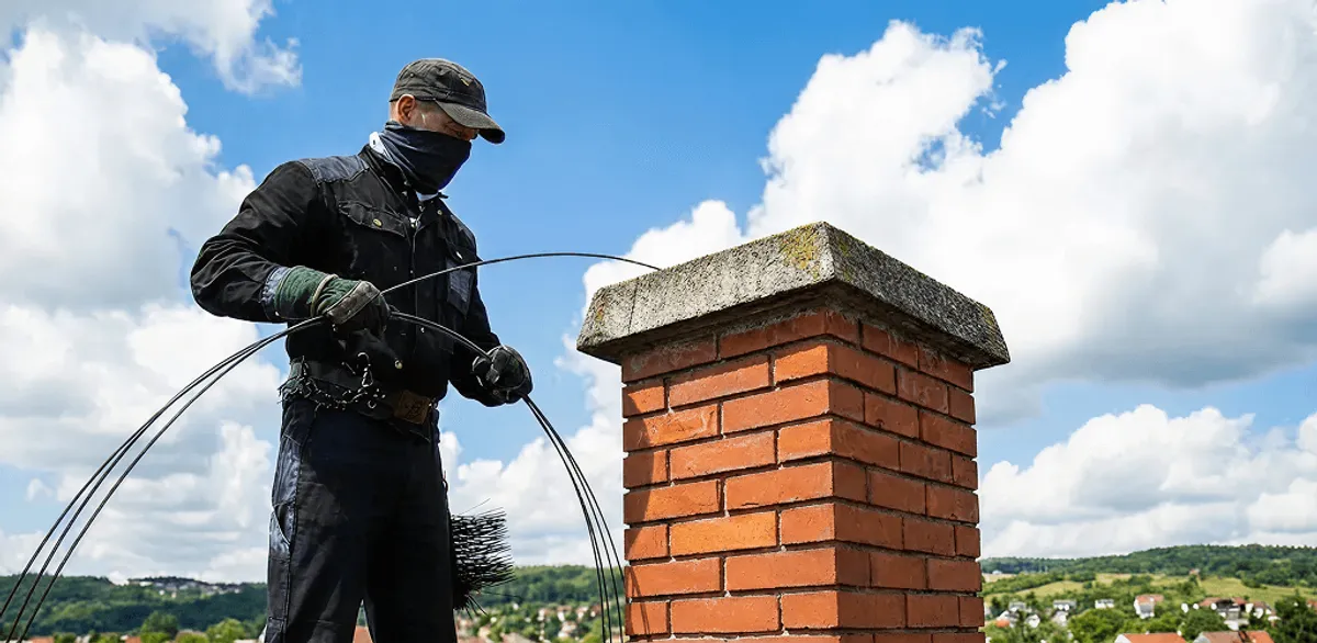 Chimney sweep cleaning a brick chimney with professional tools in Cape Coral, FL