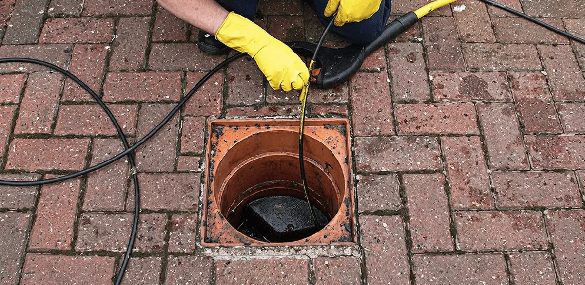 Drain cleaning technician using a drain snake to clear a clogged drain in Cape Coral, FL